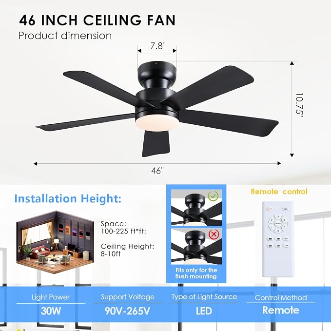 Asyko 46" Black Modern Low Profile Ceiling Fan with LED Light and Remote | Super Large Airflow with 6 Wind Speeds, Reversible, Dimmable 3 CCT LED Light, Noiseless 30W DC Motor,for Bedroom Kitchen