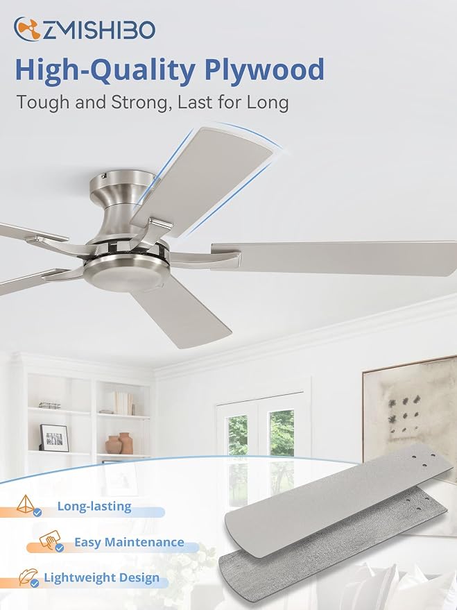 ZMISHIBO 52 Inch Ceiling Fan No Light, Flush Mount Low Profile, Modern Nickel Ceiling Fan Without Light, Remote Control & Quiet DC Motor, for Indoor&Outdoor, Bedroom, Living Room