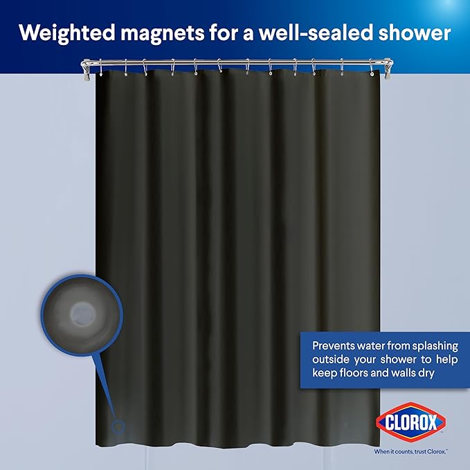 Clorox Shower Curtain Liner, Premium Medium Weight Flexible Waterproof 6g PEVA for Bathroom with Weighted Magnets, Standard Size 72" x 72", Black 1 Pack