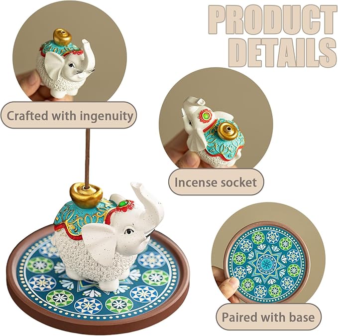 Resin Elephant Incense Stick Holder with Ash Catcher, Small Cute Elephant Incense Burner Holder, Incense Holder for Sticks for Yoga,Meditation,Home Living Room Office Decor, 1 Piece