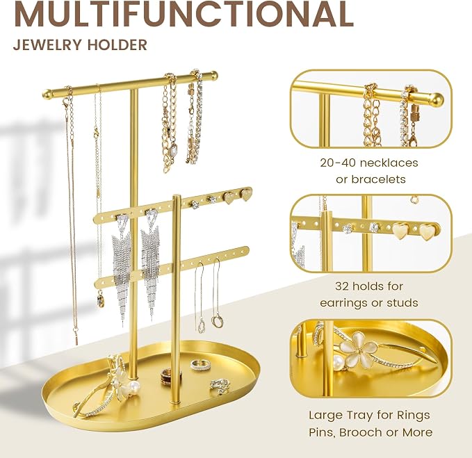 Saydear 3-Tier Jewelry Organizer Stand, Earring Holder Necklace Tree | Gold Metal Earring Rails With Top Necklace Bar, Oval Tray Base, Ideal Vanity Dresser Decor, Gift For Her