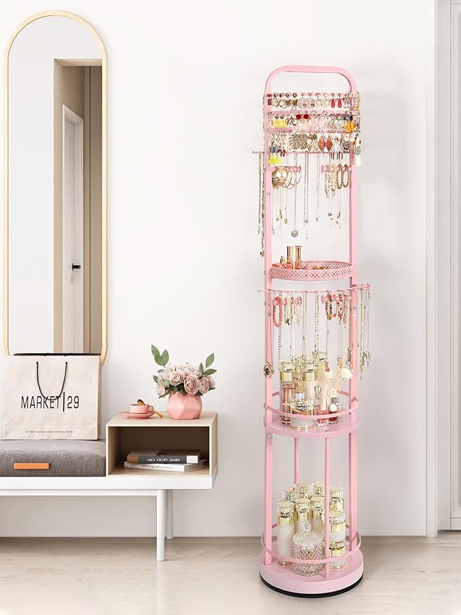Jewelry Holder Organizer, Floor Jewelry Organizer with Earring Organizer Necklace Holder, Rotating Jewelry Stand Necklace Display Earring Storage, Large Hanging Jewelry Tree for Jewlery Bracelet Ring