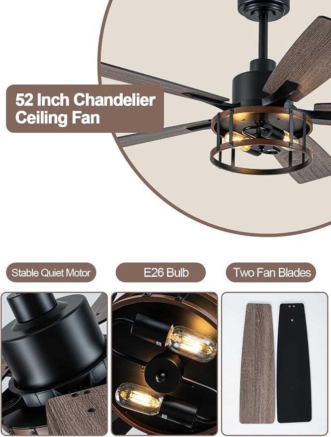 52 Inch Farmhouse Ceiling Fan with Light Rustic Ceiling Fan Quiet and Reversible DC Motor Industrial Caged Chandelier Fan for Living Room Bedroom Patio