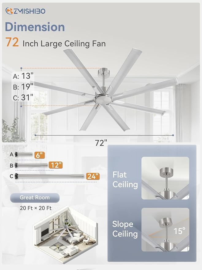 ZMISHIBO 72 Inch Ceiling Fan No Light, Large Black Ceiling Fan with Remote, Quiet DC Motor, and 6 Speeds, Indoor/Outdoor Industrial Ceiling Fans 8 Aluminum Blades for Patio, Garage, Shop, Nickel