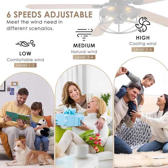 Hounberi 56" Rustic Farmhouse Ceiling Fan with Light and Remote | 5 Dual Finish Blades, 6 Speeds, Reversible DC Motor, Caged Rustic Ceiling Fan for Dining Room, Living Room, Bedroom, Porch