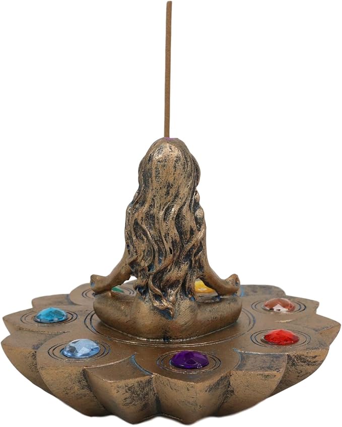 Ebros Gift Sacred Moon Feminine Triple Goddess Yoga Meditation with Chakra Zone Color Beads Lotus Flower Incense Stick Holder Burner Figurine Zen Feng Shui Vastu Home Fragrance Tabletop Altar Decor