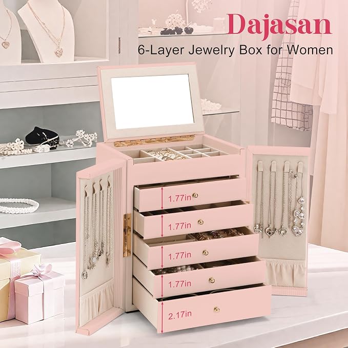 Dajasan Large Jewelry Organizer Box, 6-Tier Jewelry Storage Case with 5 Drawers, Jewelry Boxes for Women Girls with Mirror, Double Door, Textured PU Leather, Gift Idea, Stylish (Pink + Gold)