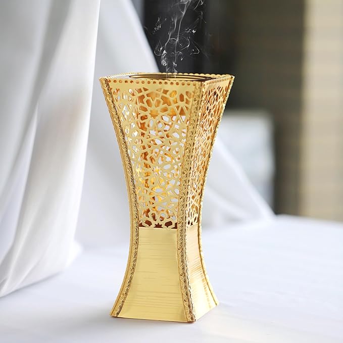 Hand-Carved Charcoal Incense Burner - Bakhoor Burner Magnificent Oud Frankincense Metal Burner for Office & Home Decor - Rust Proof Incense Holders for Yoga Spa Meditation(Gold)