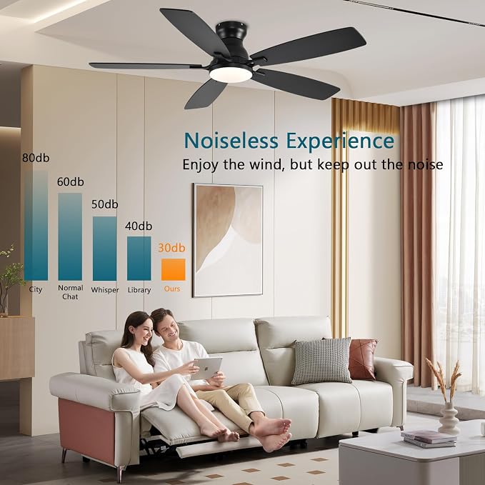 JSAITEE Ceiling Fans with Lights, 52 Inch Low Profile Ceiling Fan with Light and Remote Control, Flush Mount, DC Reversible Motor, Noiseless, Black 6 Speeds Ceiling Fan for Bedroom