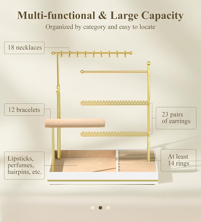 Emibele Jewelry Necklace Holder, 5 Tier Jewelry Organizers and Storage | Earring Bracelet Holder, Jewelry Display with Metal Frame Velvet Ring Tray, Aesthetic Jewelry Stand Gifts for Women, Gold