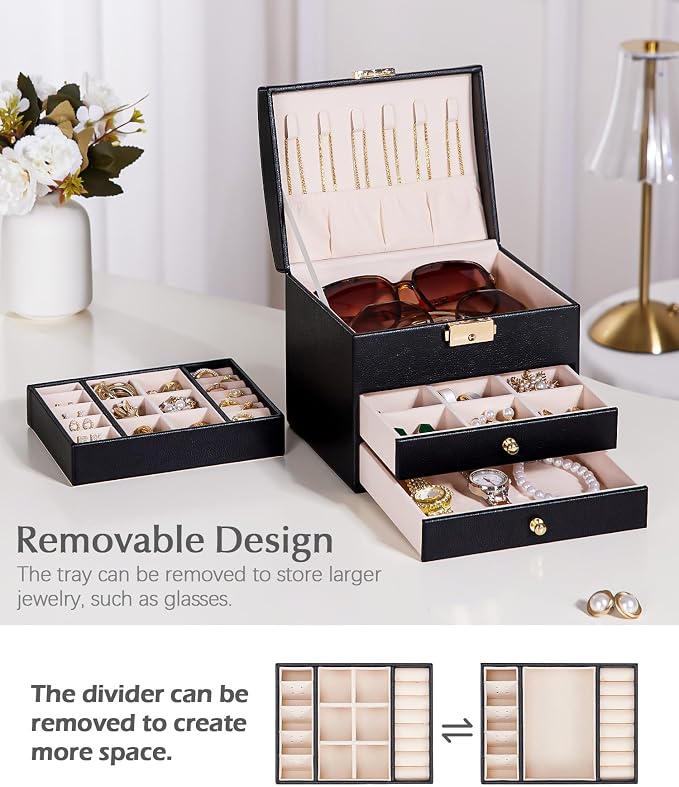 Homde Small Jewelry Box for Girls: 3-Layer Lockable Organizer(Black) | Removable Tray&Dividers for Flexible Storage - Sort Earrings&Rings&Necklaces for Beginners - Birthday Gift for Teens