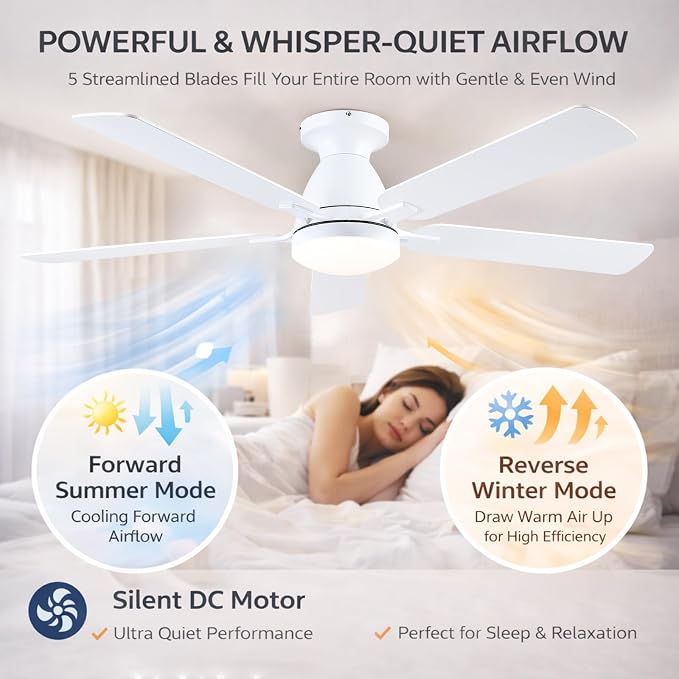 52 Inch Ceiling Fans with Lights and Remote, Flush Mount, White | Low Profile, Dimmable LED, Reversible, Quiet DC Motor, Wooden Blades, for Modern Apartment Bedroom Home Office Living Room