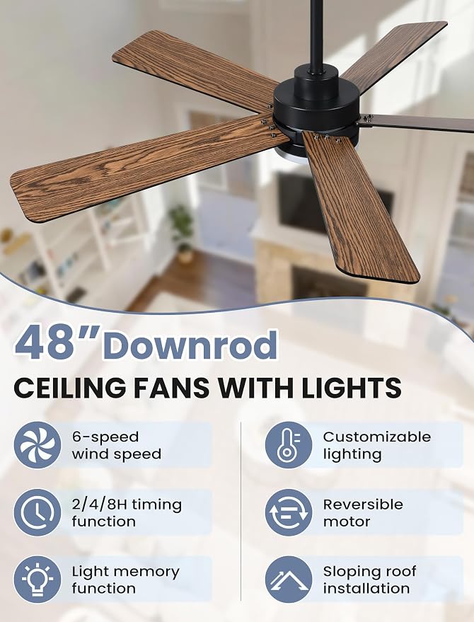 48 Inch Ceiling Fan with Lights and Remote, Downrod Mount, Sloped Ceiling Compatible up to 15°, Quiet Reversible DC Motor, 3CCT Dimmable LED, Black Ceiling Fan for Bedroom Living Room