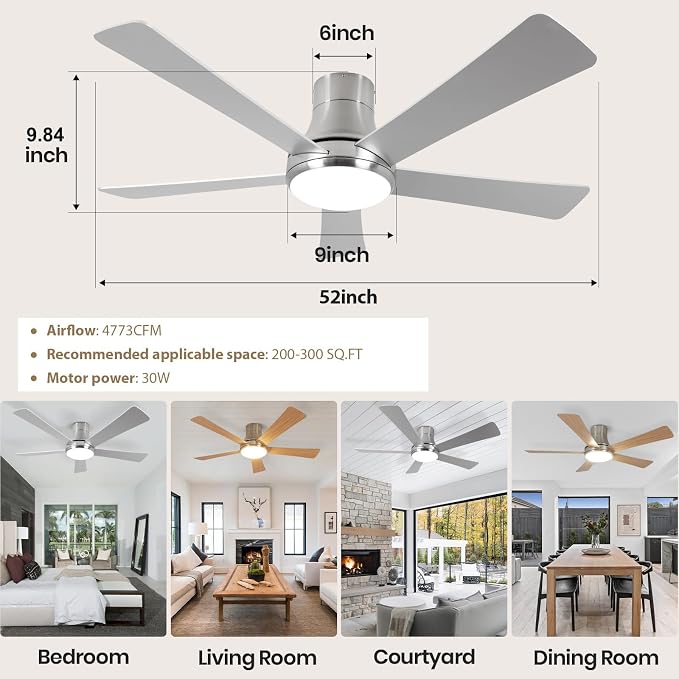 52 Inch Outdoor Ceiling Fans with Lights and Remote, Brushed Nickel Flush Mount Ceiling Fan, 5 Reversible Blades, Dimmable LED, 3-Color Temperatures, 6 Speeds, for Bedroom, Living Room, Patio