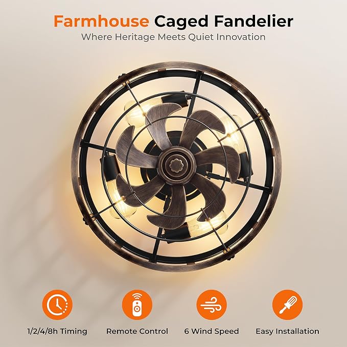 BLNAN 20" Farmhouse Ceiling Fan with Lights and Remote, Industrial Caged Low Profile Flush Mount Industrial Fandelier, 6 Speeds Bladeless Fan Lights for Bedroom, Kitchen, Living Room, Black Gold