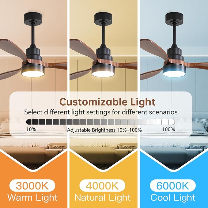 CACI Mall 48 inch Ceiling Fans with Lights, Smart Indoor/Outdoor Ceiling Fan, Remote Control, Compatible with Alexa/Google, Small 3 Blade Solid Wood Ceiling Fans for Bedroom Patio