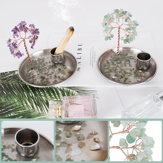 Incense Holder for Sticks, Anti-Ash Flying Incense Burner with Gemstone Money Tree Home Living Room Decorations Office Accessories for Women, Mothers Day Mom Gifts (Green Tree -14cm)