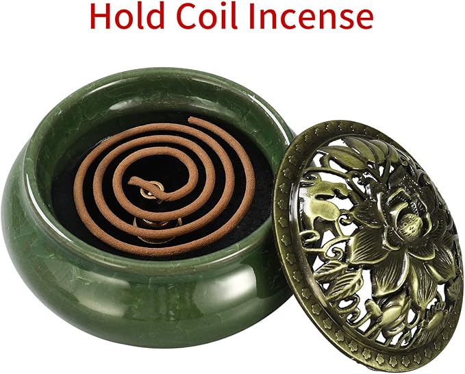 Miupoo Stick Incense Burner and Cone Incense Holder with Brass Incense Stick Holder Ceramic Ash Catcher (Dark Green)