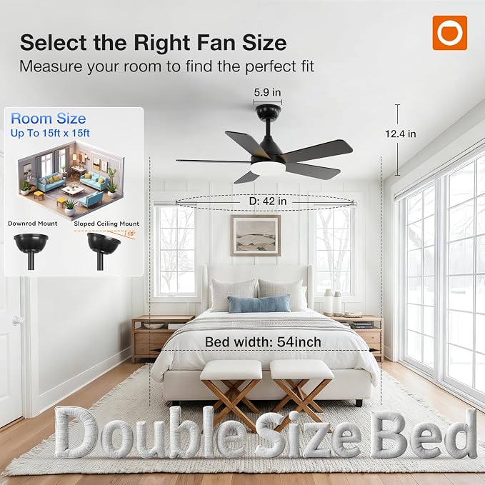 addlon Ceiling Fans with Lights, 42 inch Black Ceiling Fan with Light and Remote Control, Reversible, 3CCT, Dimmable, Noiseless, Small Ceiling Fan for Bedroom, Farmhouse, Indoor/Outdoor Use