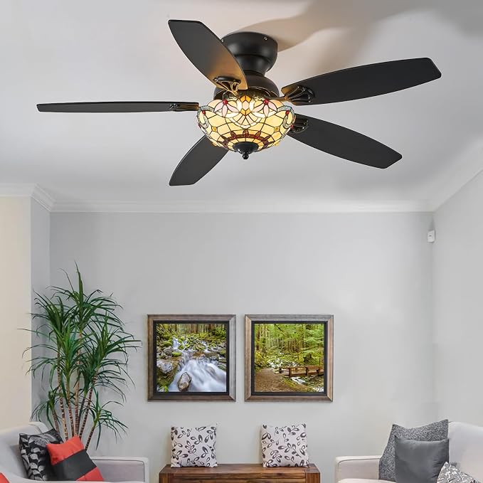 Tiffany Ceiling Fans with Lights - 48" Ceiling Fan Chandelier with 5 Dual-Blades and Glass Shade, 6 Speeds and Reversible, Indoor and Outdoor, Retro Style