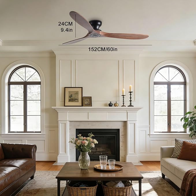 Solid Wood 60in Ceiling Fan Without Lights Flush Mount Ceiling Fans with Remote Control 6 Speeds, Wood Blades Modern Ceiling Fan No Light for Bedroom/Farmhouse/Patio/Indoor