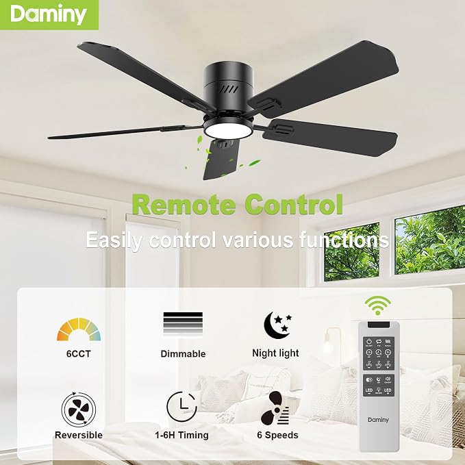 DAMINY 52 inch 5 Blades Black Ceiling Fans with Lights,Flush Mount,6CCT, Low Profile Ceiling Fan with Light and Remote Control,DC Motor,Ceiling Fan for Bedroom, Kitchen,Living Room,Indoor/Outdoor Use