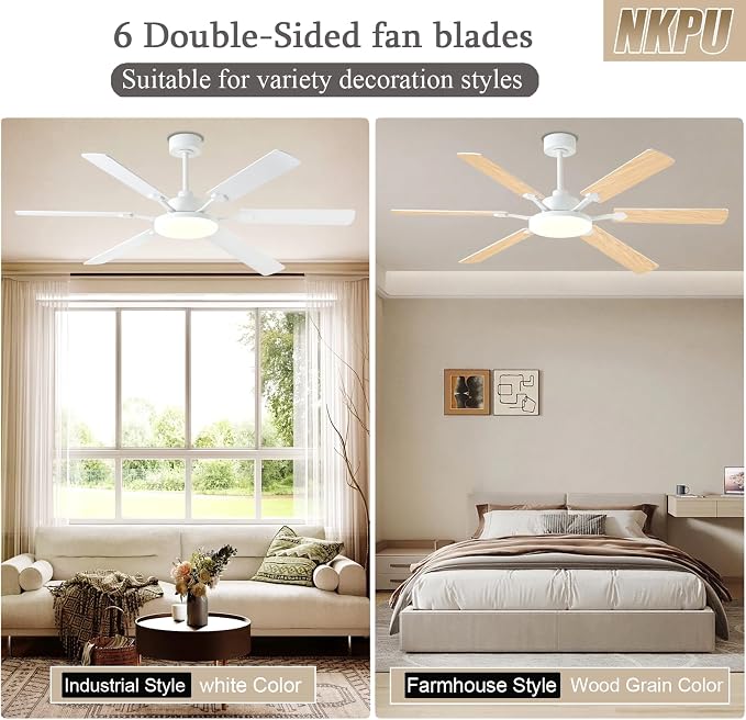 60 Inch Ceiling Fans with Lights, Large Modern White Ceiling Fan with Light and Remote Control, 6 Double Sided Blades, 6 Speed Reversible Motor, Dimmable LED, Silent Timing, Indoor Outdoor Patio Use
