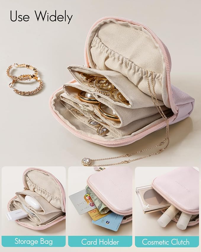VLANDO Small Jewelry Travel Case,Jewelry Pouch Bags with Zipper,Velvet Jewelry Organizer Storage Bag for Bracelet Rings Earring Travel Essentials Gifts for Women Girl-Pearl Pink