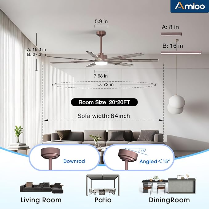 Amico 72 Inch Ceiling Fans with Lights and Remote, Indoor Outdoor Ceiling Fan for Patio Living Room, Kitchen, Quiet 6-Speed Reversible DC Motor, Dual-Sided Blades, Brown Farmhouse Dimmable & 3CCT