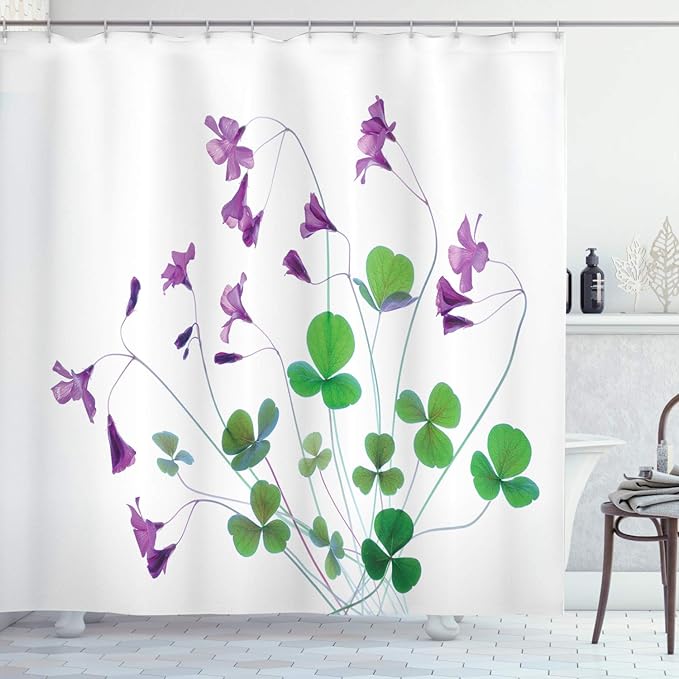 Ambesonne Flower Shower Curtain, Springtime Garden Wildflowers and Clovers Modern Floral Theme Graphic Print, Cloth Fabric Bathroom Decor Set with Hooks, 69" W x 70" L, Purple White