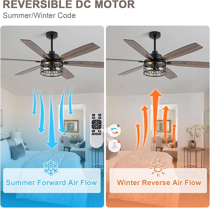 Bella Depot 60" Ceiling Fan with Light, Farmhouse Caged Chandelier Fan, Industrial Ceiling Fan Rustic Indoor Fandelier with Silent Motor for Dining Living Room Bedroom, (Bulbs not Included) (Black)