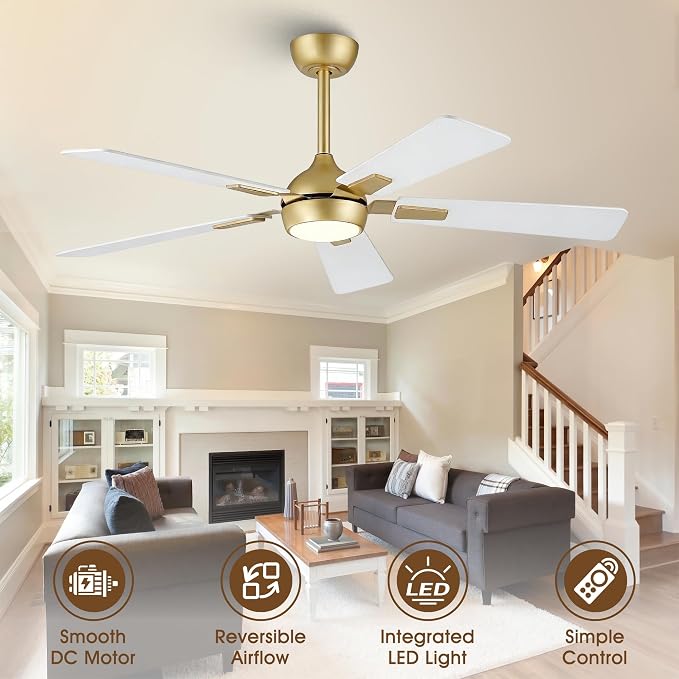 52" White Gold Ceiling Fan with Light and Remote, DC Motor Ceiling Fan with LED Light, 6-Speed Reversible, Dimmable 3CCT, Modern Ceiling Fan for Bedroom Living Room
