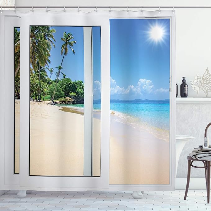 Ambesonne Ocean Shower Curtain, Ocean View from The Window on The Island Scenery Traveling Destination, Cloth Fabric Bathroom Decor Set with Hooks, 69" W x 84" L, White Cream Blue