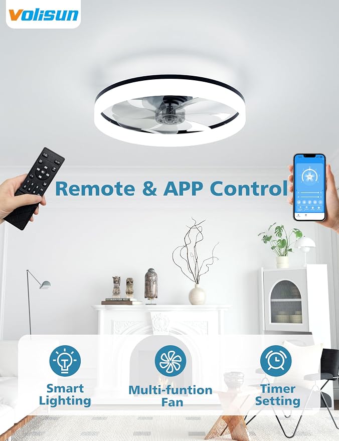 VOLISUN Low Profile Ceiling Fans with Lights and Remote, 20in Fandelier Ceiling Fan with Light, 3000K-6500K Dimmable Bladeless LED Fan Light, Black Flush Mount Ceiling Fans with Lights for Bedroom