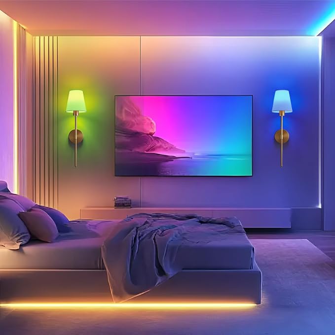 Battery Operated Wall Sconce Set of 2, Gold Rechargeable Wireless Wall Lights with Remote - Dimmable RGB LED Bulbs, 13 Color Options, Cordless Wall Lamps for Bedroom, Living Room, Hallway Decor