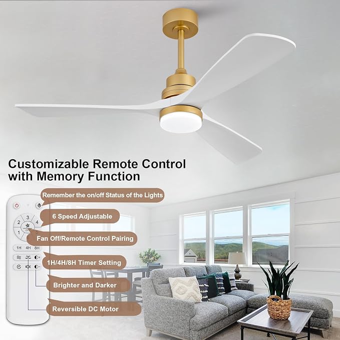 52 Inch Wood Ceiling Fans with Lights and Remote, White Gold Outdoor Ceiling Fan with Light, Dimmable 3 Blades Outdoor Fans for Patios Noiseless Modern Ceiling Fans for Bedroom Living Room