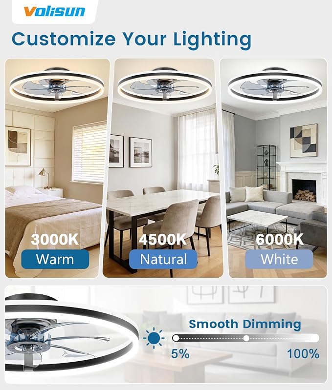 VOLISUN RGB Ceiling Fan with Lights and Remote, 23.6in Low Profile Ceiling Fan Flush Mount, 3000K-6500K Dimmable Fandelier LED Fan Light, Black Bladeless Ceilings Fans for Bedroom