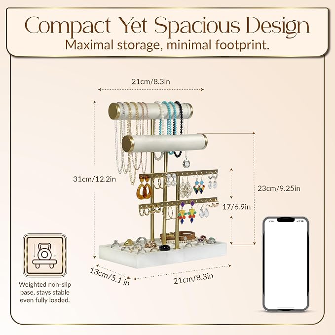 Jewelry Tower Stand Organizer for Women - Soft Touch Velvet Elegant Jewelry Holder Display with Necklace Holder, Earring Organizer & Bracelet Rack - Tabletop Stand for Dresser, Vanity, Desk - White