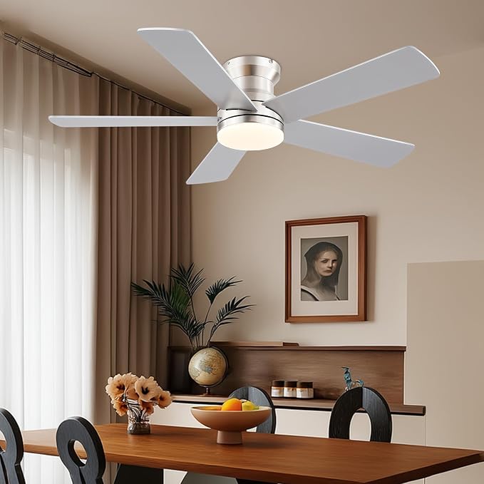 Ayaoty Flush Mount Low Profile Ceiling Fans with Lights - Modern Ceiling Fan with LED Dimming, Timer, 6Wind Speeds, Indoor Fan Light Fixture for Bedroom, Kitchen, Nickel