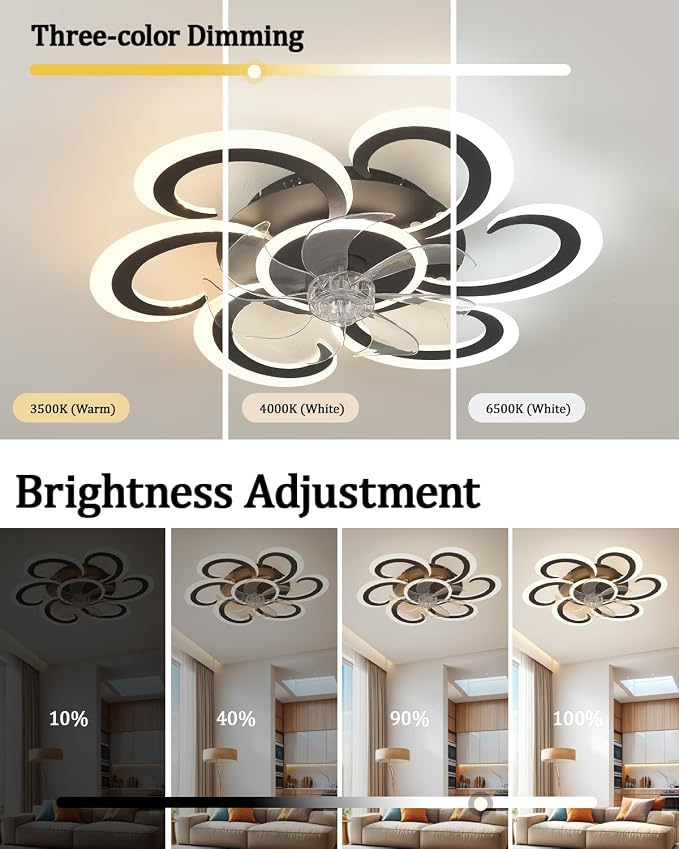 24" Black Flower Ceiling Fan with Light Remote Control, 3 Light Color 6 Speeds Flush Mount Low Profile Ceiling Fan for Bedroom Kitchen