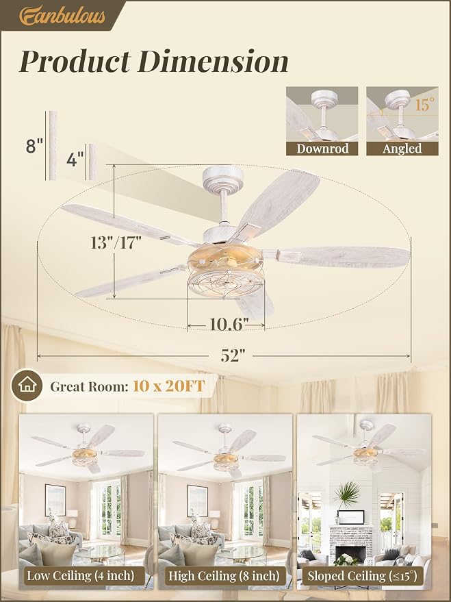 Farmhouse Ceiling Fan with Light and Remote, Industrial Caged Flush Mount Ceiling Fans with 6 Speed Reversible Motor and Dual Finish 5 Blades, for Living room, Bedroom (White and Gold, 52Inch)