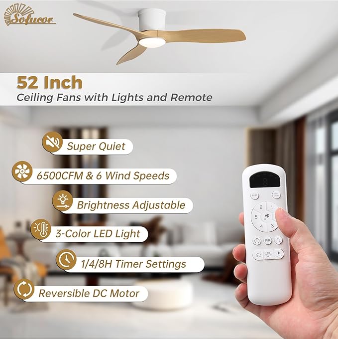 Sofucor 52 Inch Low Profile Ceiling Fans with Lights, Modern Flush Mount Ceiling Fan with 3 Plastic Blade, 6500CFM, Dimmable 6-Speed 3-Timer Reversible DC Motor for Bedroom Living Room, ETL, Log Color