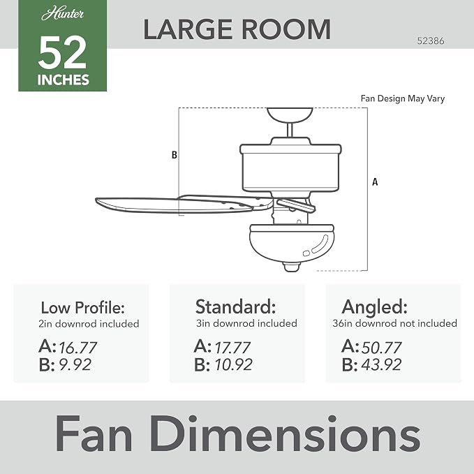 Hunter Builder Deluxe, Indoor, Ceiling Fan, 5 Blades, 52 inch, Matte Black | with LED Light, Standard Mount, Pull Chain, For Bedroom, Living Room, Includes Bulbs, 52386
