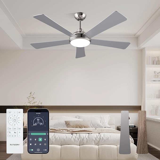 52 Inch Ceiling Fans with Lights and Remote/App Control - Nickel Ceiling Fan with Light, Quiet Reversible DC Motor, Dimmable Tri-Color LED, Modern Ceiling Fan for Bedroom/Patio, Indoor/Outdoor