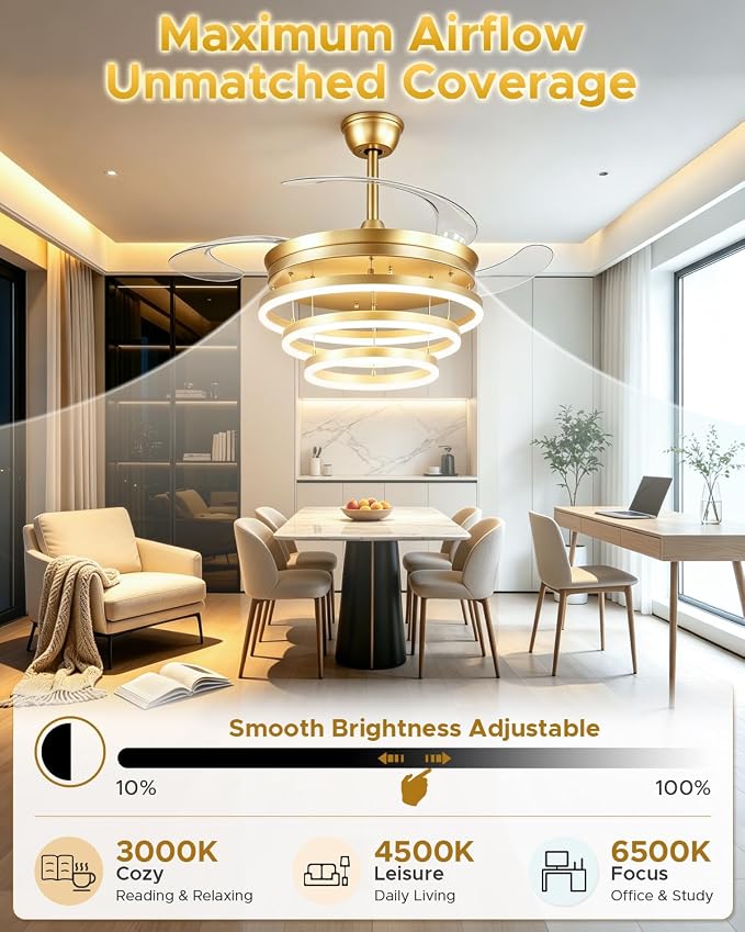 48 Inch Retractable Ceiling Fan with Lights, Gold Fandelier Chandelier Fan with Remote, 6-Speed Silent DC Motor, 3000K-6500K Dimmable LED Light, Modern Ceiling Fan for Bedroom Living Room Dining Room