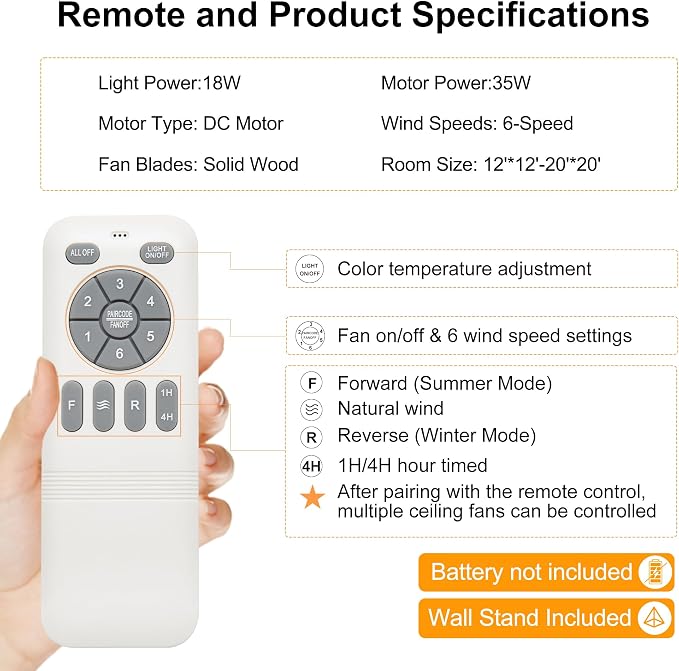 LEDLUX 52" Ceiling Fan with Light - Low Profile Flush Mount Ceiling Fan, 6-Speed Remote Control, Solid Wood, Quiet Reversible DC Motor, Boho Style, for Bedroom, Living Room, Porch, Light Oak/Gold