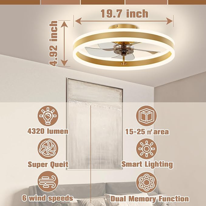 VOLISUN Low Profile Ceiling Fans with Lights and Remote, 19.7in Flush Mount Ceiling Fans with Light, 3000K-6500K Dimmable Fandelier LED Fan Light, Gold Bladeless Ceiling Fans with Lights for Bedroom