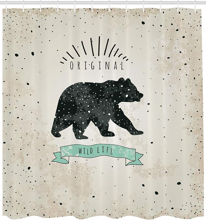 Ambesonne Bear Shower Curtain, Vintage Wildlife Theme Random Dots Predator Paws Animal Themed Design, Cloth Fabric Bathroom Decor Set with Hooks, 69" W x 84" L, Mint Green Black Tan