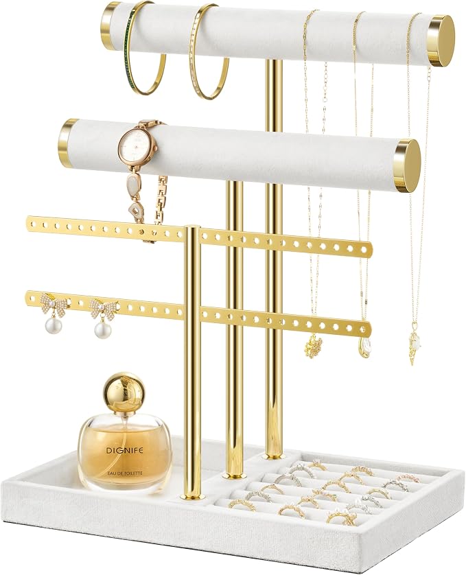 Jewelry Organizer Stand for Necklaces, Bracelets, Earrings, Rings, White | 3 Tier Velvet Bracelet Holder Display | Jewelry Organizers and Storage | Jewelry Tree | Jewelry Towers