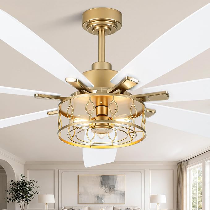 Dawn Whisper 72 Inch Large Ceiling Fans with Lights Modern White Gold Farmhouse Ceiling Fan for Living Room Bedroom 6 Speed Reversible Quiet DC Motor